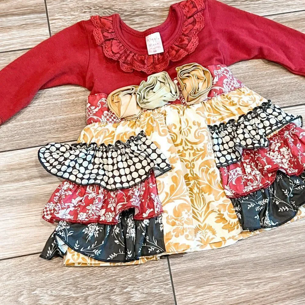 Giggle Moon Long Sleeve Burgundy and Gold Dress, Size 9M